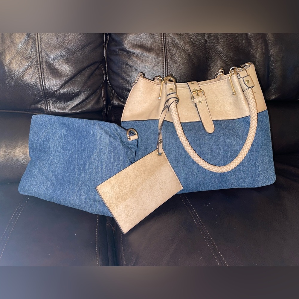 Wilson’s Leather “Black Rivet” denim and tan leather bag